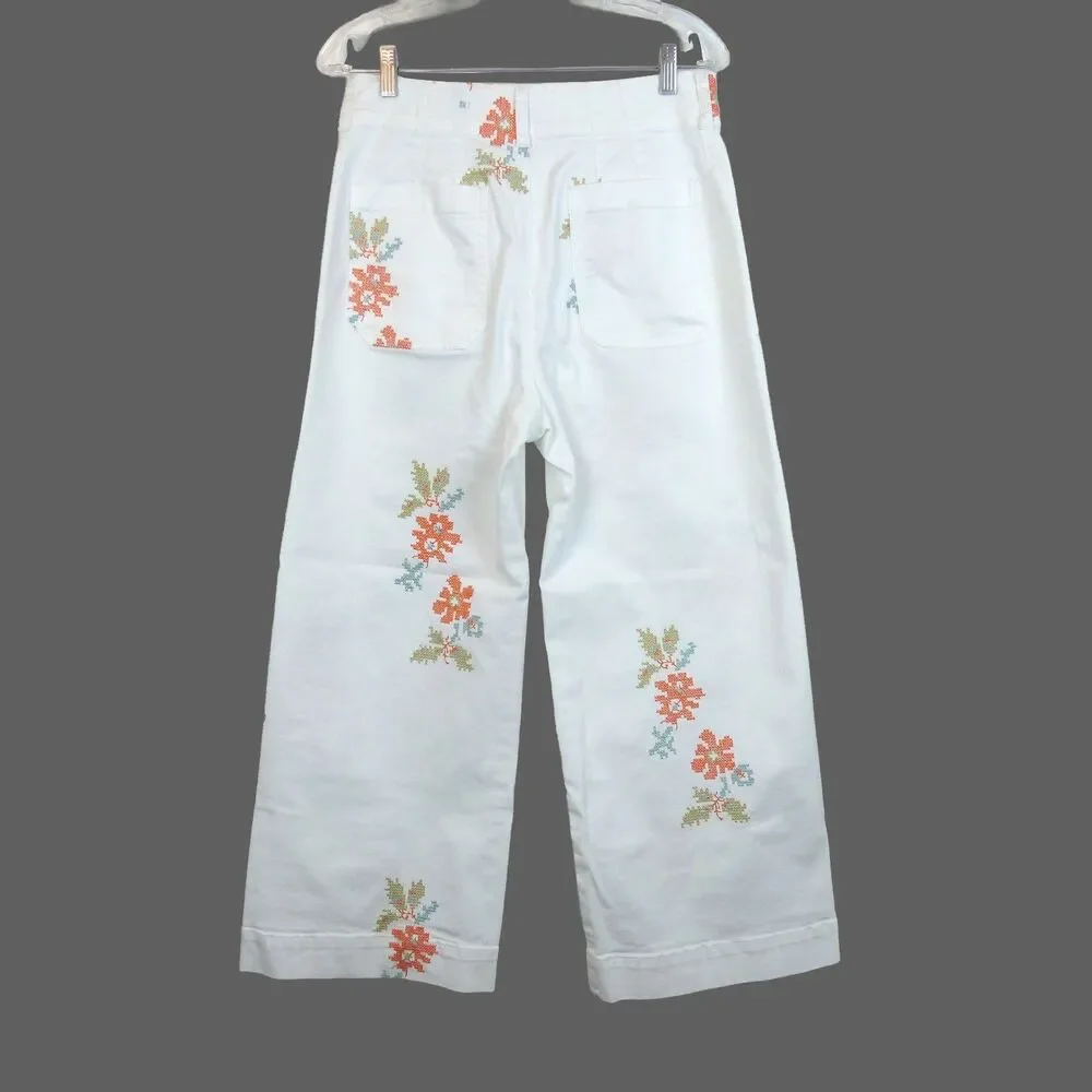 Maeve Anthropologie Colette Jeans 30 White Floral Embroidered Crop Wide Leg Boho